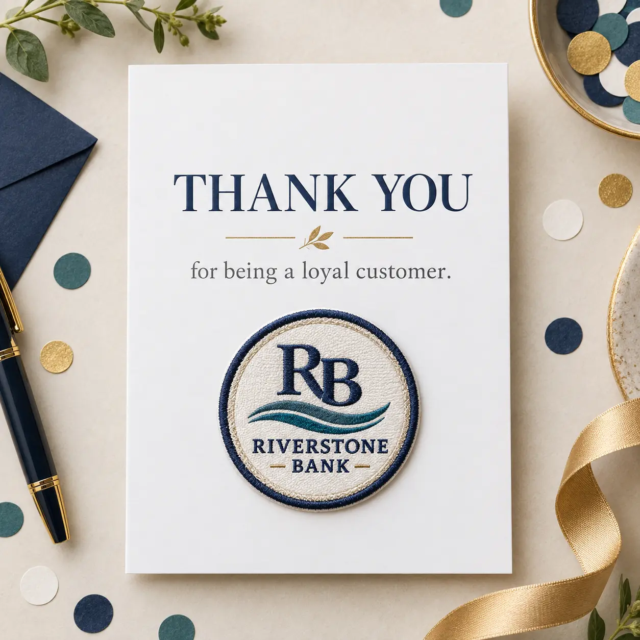 Custom Riverstone Bank thank-you card with a dimensional logo patch
