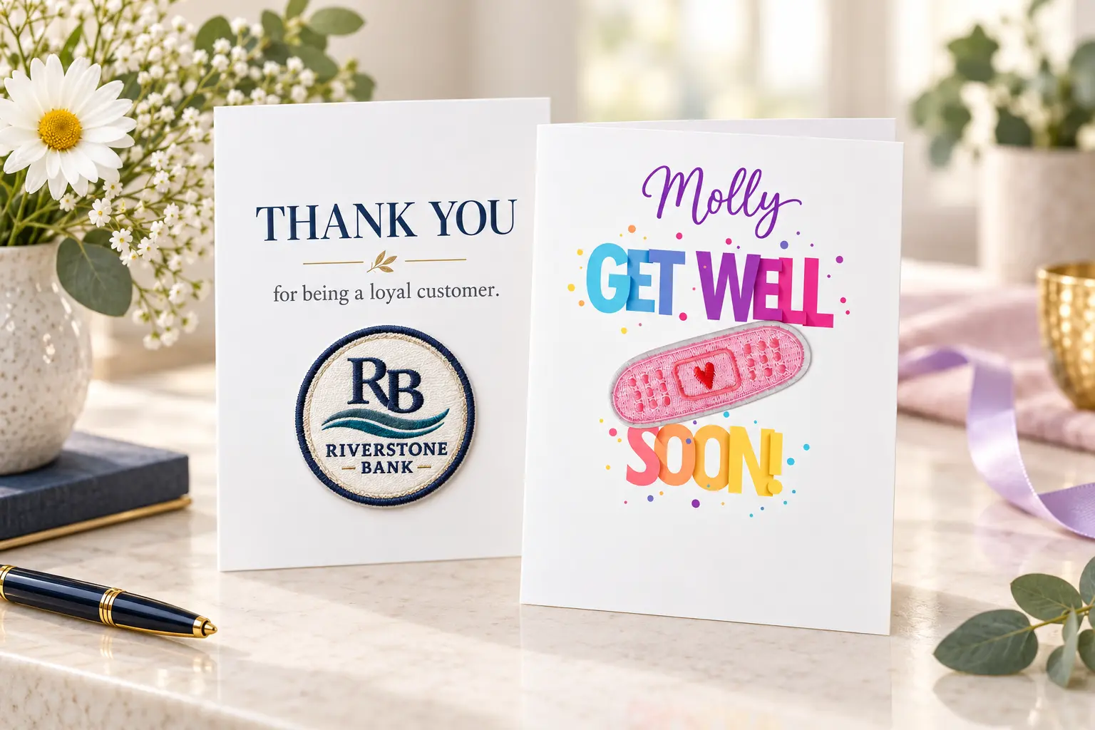 A personalized Get Well Soon card for Molly standing beside a custom Riverstone Bank customer thank-you card