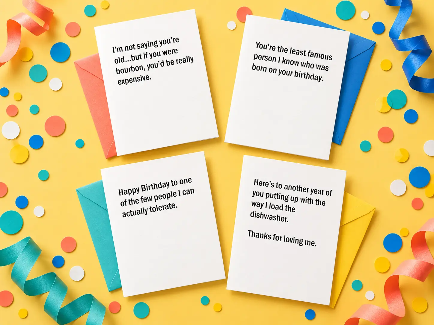Bourbon, Least Famous, Tolerate and Dishwasher Giggle and Jot cards in a playful yellow tabletop arrangement with confetti