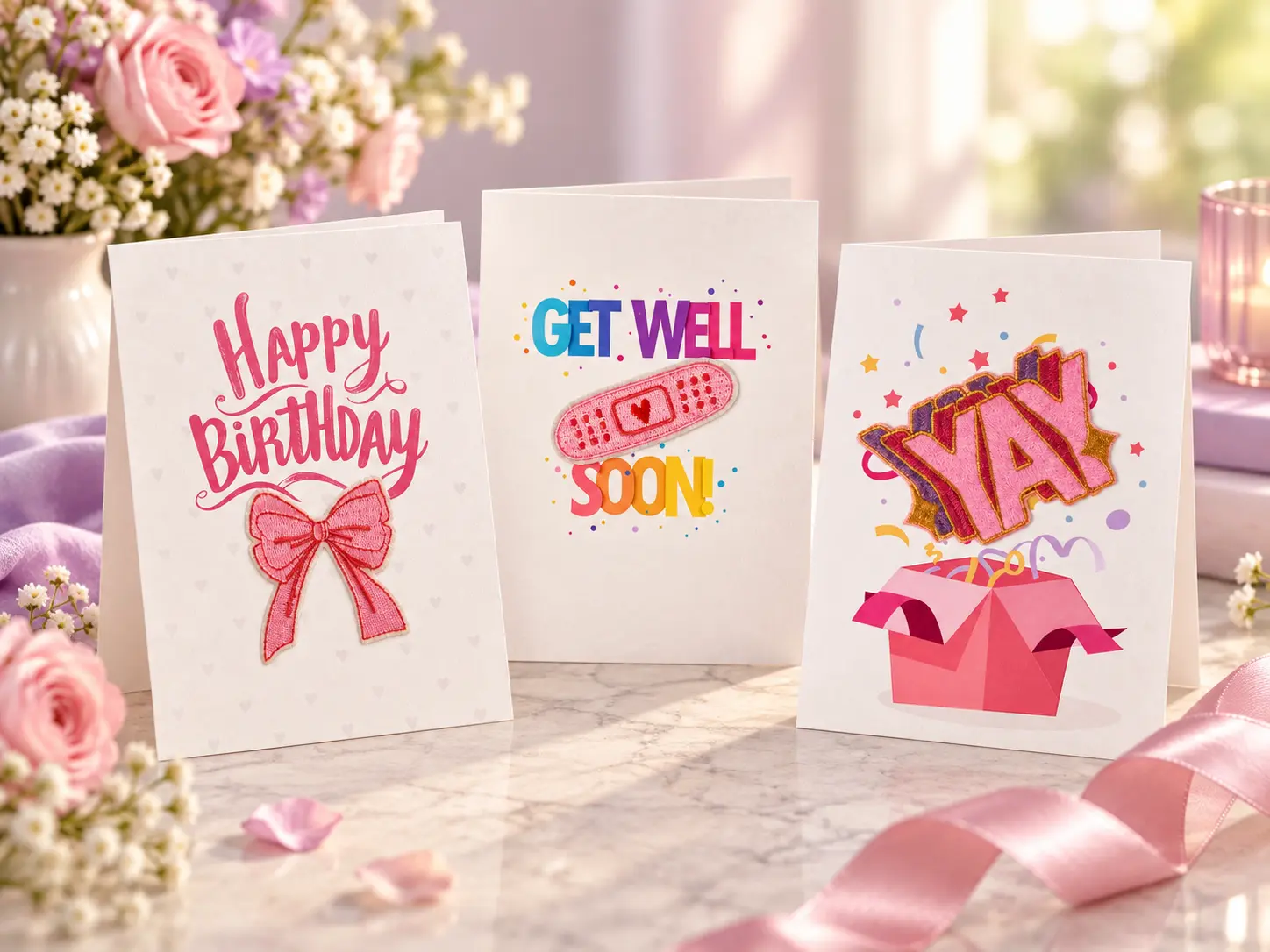 Happy Birthday Bow, Get Well Soon and Pink YAY dimensional patch cards arranged together on a light countertop