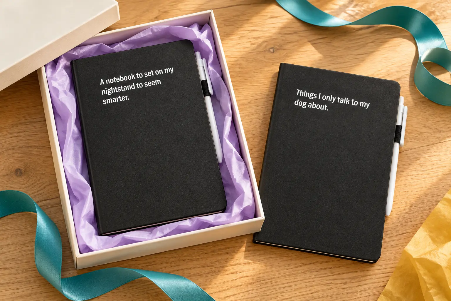Two black Giggle and Jot notebooks styled with an open gift box and lavender tissue on a light wood desktop