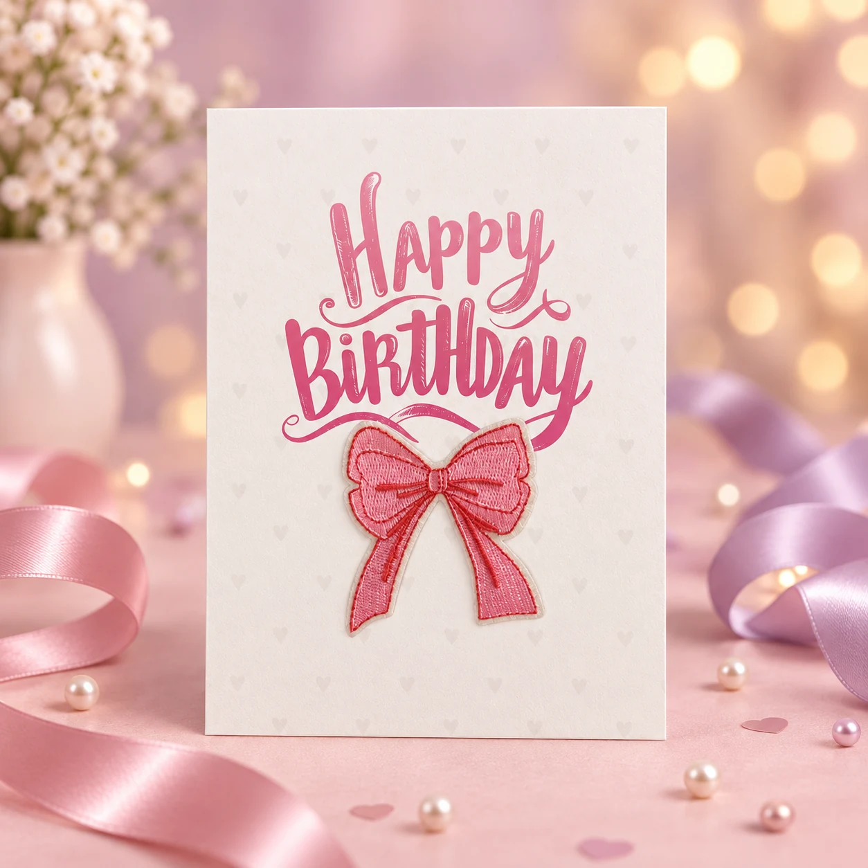 Pink birthday card with a bow