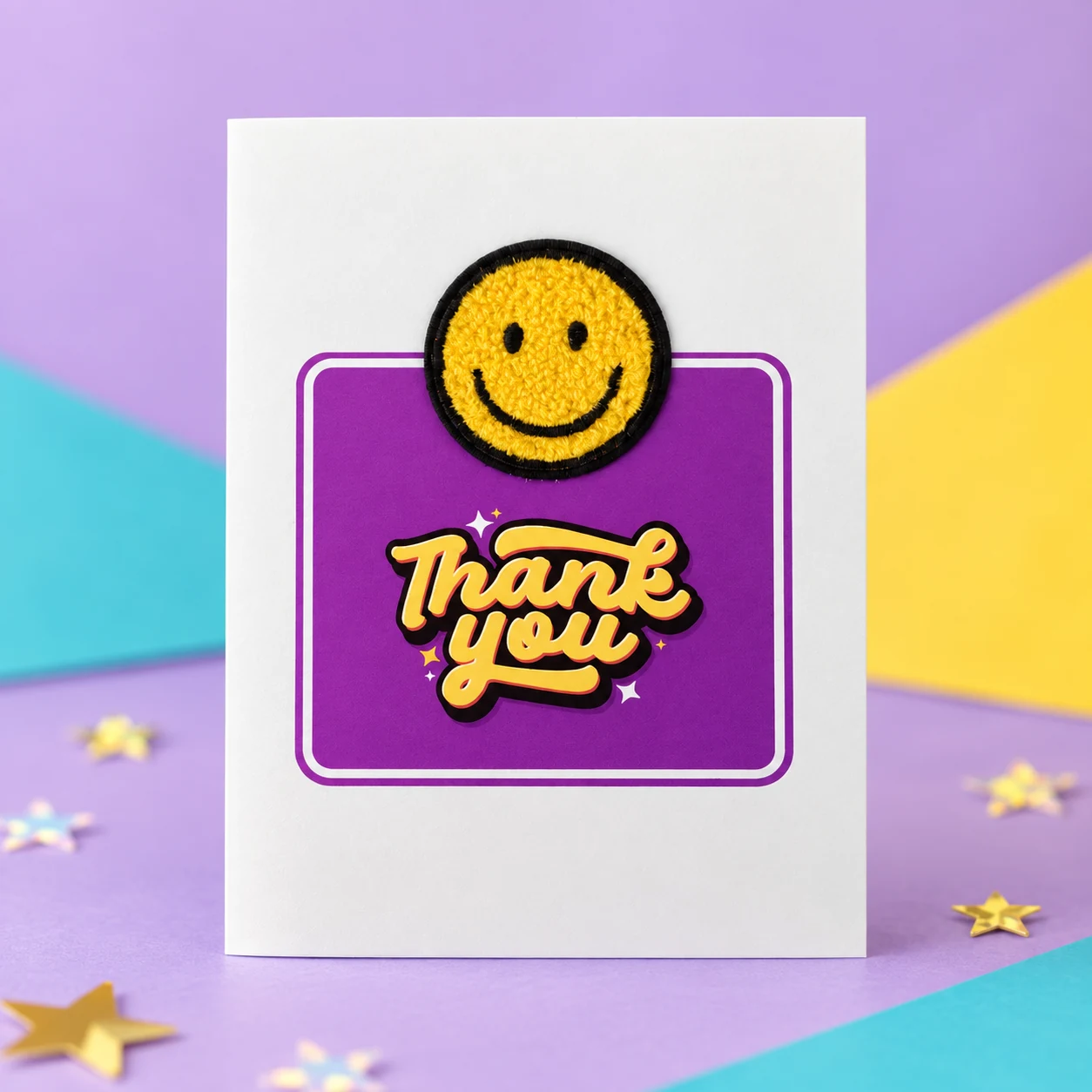 Purple thank-you card with a smiley face